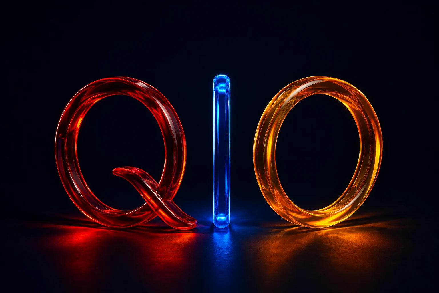 A red glass Q, a blue ring that turns with your scroll then returns edge-on as the I, and an amber glass O